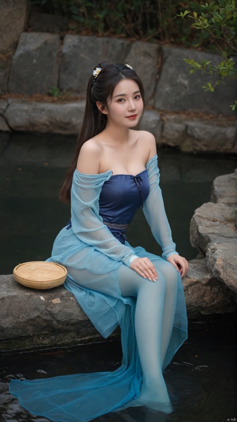  photo,Ultra-realistic,bottu,1girl,A shy smile,chinese hanfu, Bare shoulder,(best quality, masterpiece, ultra-high resolution, 4K, HDR, UHD, 64K, official art),(photorealistic, realistic),depth of field,outdoors,(night:1.3),(dim light),(onsen, flower arrangement),floating hair,long hair,dark brown hair,(full body:1.3),arms at sides,seductive pose,(wedge heels),(blue pantyhose:1.2),pencil skirt,(sitting:1.3),(large breasts),(solo_focus:1.2),looking_at_viewer,(fit and petite body, busty),(curvy:1.2),(under the water),(wet hair, wet shirt),