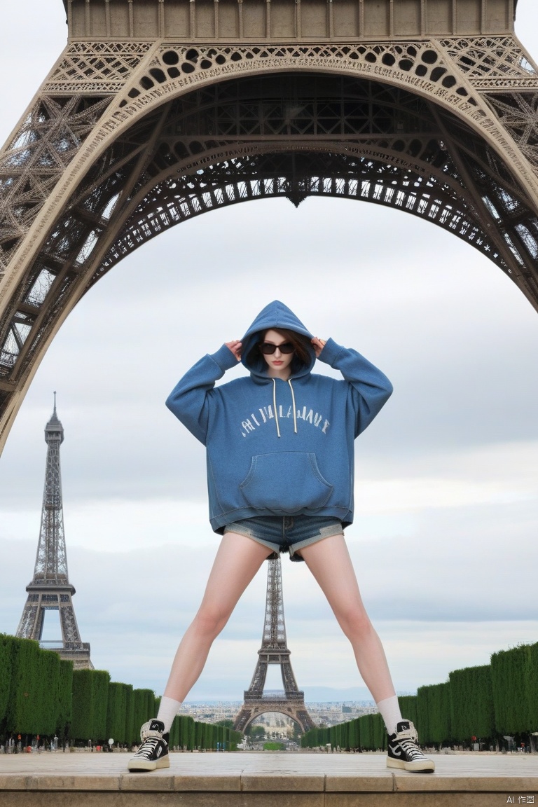 oversize hoodie, denim shorts, punkish, cinematic angle, Eiffel tower on background, Anne Hathaway