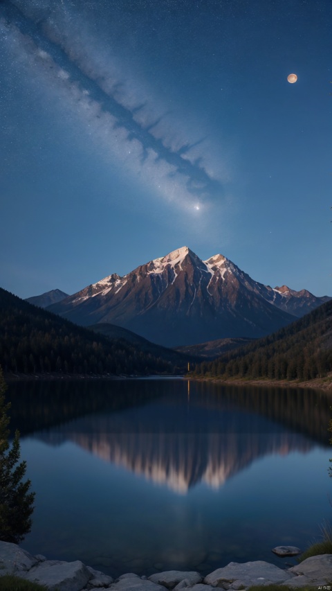  Very starry night. A giant moon behind the mountains. A tranquil lake reflecting the night. Realistic scene,detailed,photorealism,8k