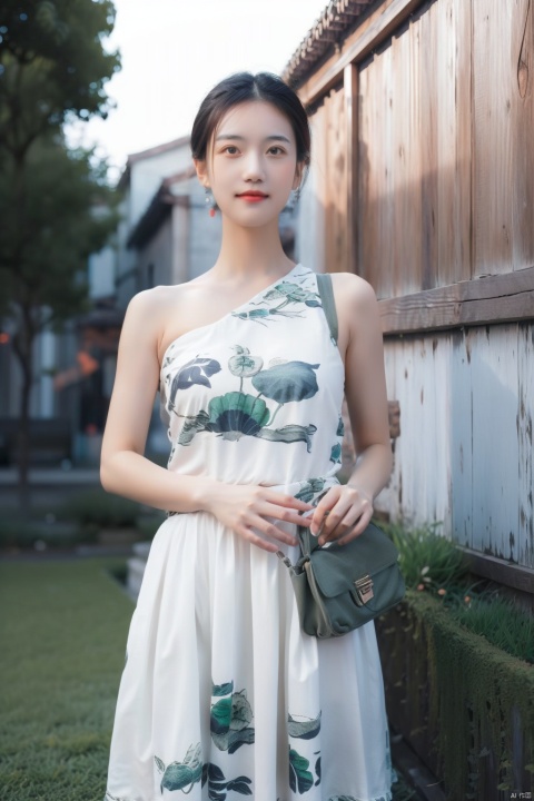  The image features a confident young woman standing outdoors on a green carpet. She is wearing a white dress with a green alligator print and carries a brown shoulder bag. Her posture and facial expression convey a sense of determination. The lighting is soft and flattering, casting a warm glow on her skin. The color palette is predominantly green and brown, with a dynamic contrast between the two. The woman's outfit, pose, and facial expression all work together to create a powerful and memorable image., 1girl