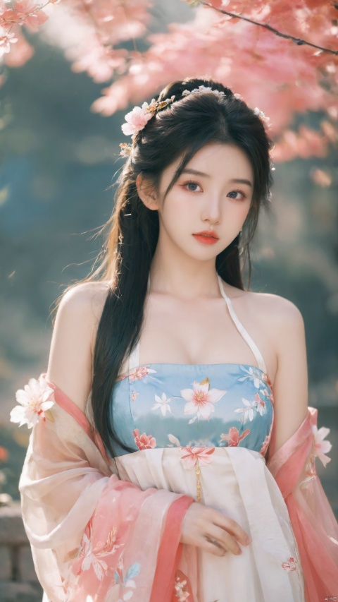  arien_hanfu,1girl, solo, flower, long hair, black hair, (big breasts:1.39),hair flower, blue eyes, floral print, chinese clothes, hanfu,looking at viewer, detached sleeves, upper body, white flower, parted lips, (pink dress), pink flower, china dress, bare shoulders, blush, red flower, eyelashes, white dress, lips, sleeveless, parted bangs, gongzhuqie, neon_dress,huansha, glowing,lens flare,big leaf,plant, wind, chang,(big breasts:1.59),