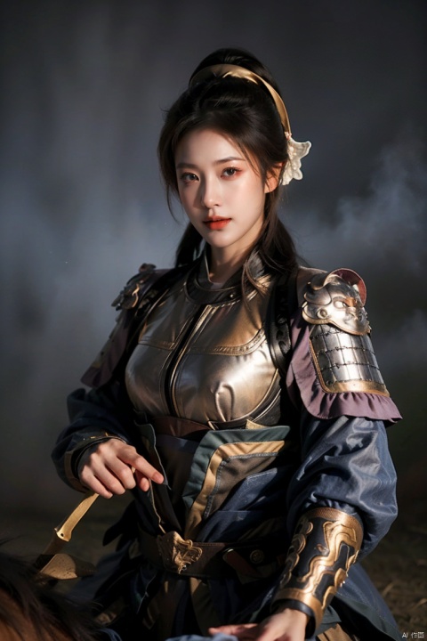  SGZ2, solo, 1girl,1girls,male focus,cowgirl,black armour,long hair, brown eyes, ponytail, serious face,horseback riding,Holding a long sword, looking to viewer,bangs,hero's armour