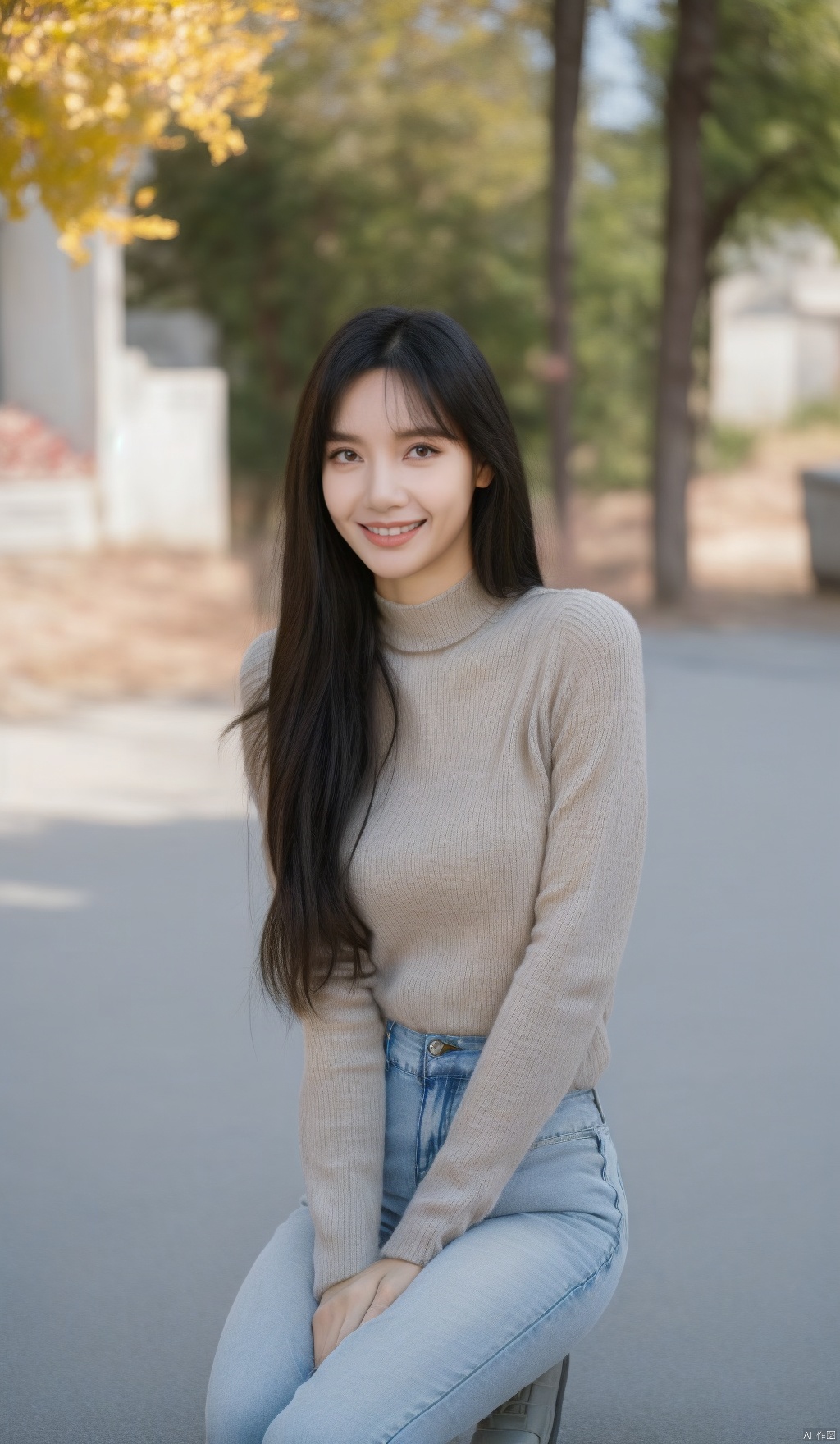  1girl, smiling,Realistic movie lighting,grey turtleneck sweater(((skindentation),(skin tight)),ultradetailed,8K,detailed face,photorealistic,1girl,long hair,solo,fullbody,complex background, look at the viewer, detailedbackground,sweating details,realistic, fullbody,long legs,real,Lacrimal nevus,realism, Delicate glowing skin,masterpiece,bestquality,distant view,depth of field,dynamic perspective,Perfectly proportioned figure,Detailed skin description, black jeans,street,daytime,good weather,Disneyland Park in the background, autumn yellow leaves