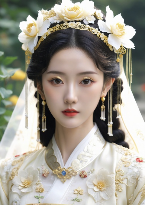  wavy hair wavy hair,Head close-up,Eyes are very delicate,ancient chinese beauties,Gorgeous lace golden white Hanfu,（（（hair accessories）））（（（veil）））,necklace,（（shiny skin））a garden with many flowers,（（（masterpiece）））, （（best quality））,（（intricatedetails））,（（surreal））（8k）,日本, girl,mask,chain