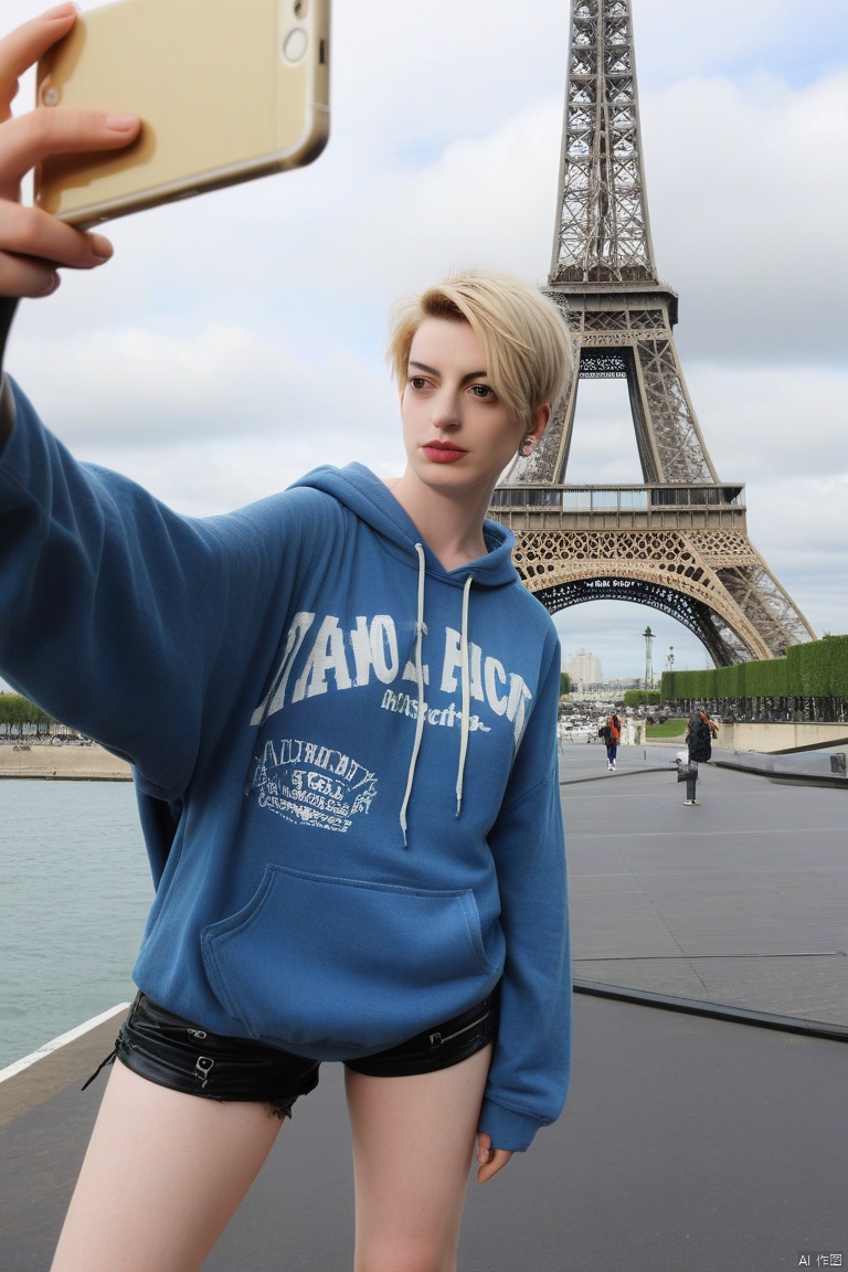  medium shot, pov, taking selfie, girl, Holo Punk Style, 
razorcut long blonde pixie haircut, side hair shaved, ocean blue eyes, earrings, eyelashes, 
eyeliner, oversize hoodie, denim shorts, punkish, cinematic angle, Eiffel tower on background, Anne Hathaway