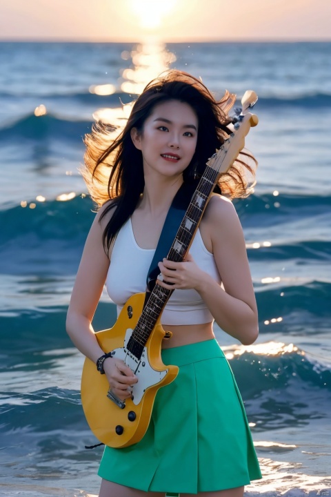  Masterpiece, (best quality, super detailed, crazy detailed: 1.2) , -SuperuHighhResolutiontion, sharp focus, perfect anatomy, cell animation, fantastic lighting) , super detailed, girPVC(pvc skirt) , wave background, splash, carrying electric guitar, playing guitar, multi-colored sea, ocean, solo, floating hair, sunset, beautiful light and shadow, Asian girl, ((poakl)), underboob