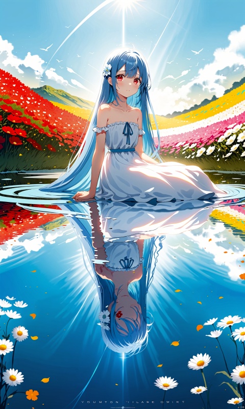  best quality,masterpiece,illustration,(reflection light),incredibly absurdres,(Movie Poster),(signature:1.3),(English text:1.3),1girl,girl middle of flower,pure skyblue hair,red eyes,clear sky,outside,collarbone,sitting,absurdly long hair,clear boundaries of the cloth,white dress,fantastic scenery,ground of flowers,thousand of flowers,colorful flowers,flowers around her,various flowers,