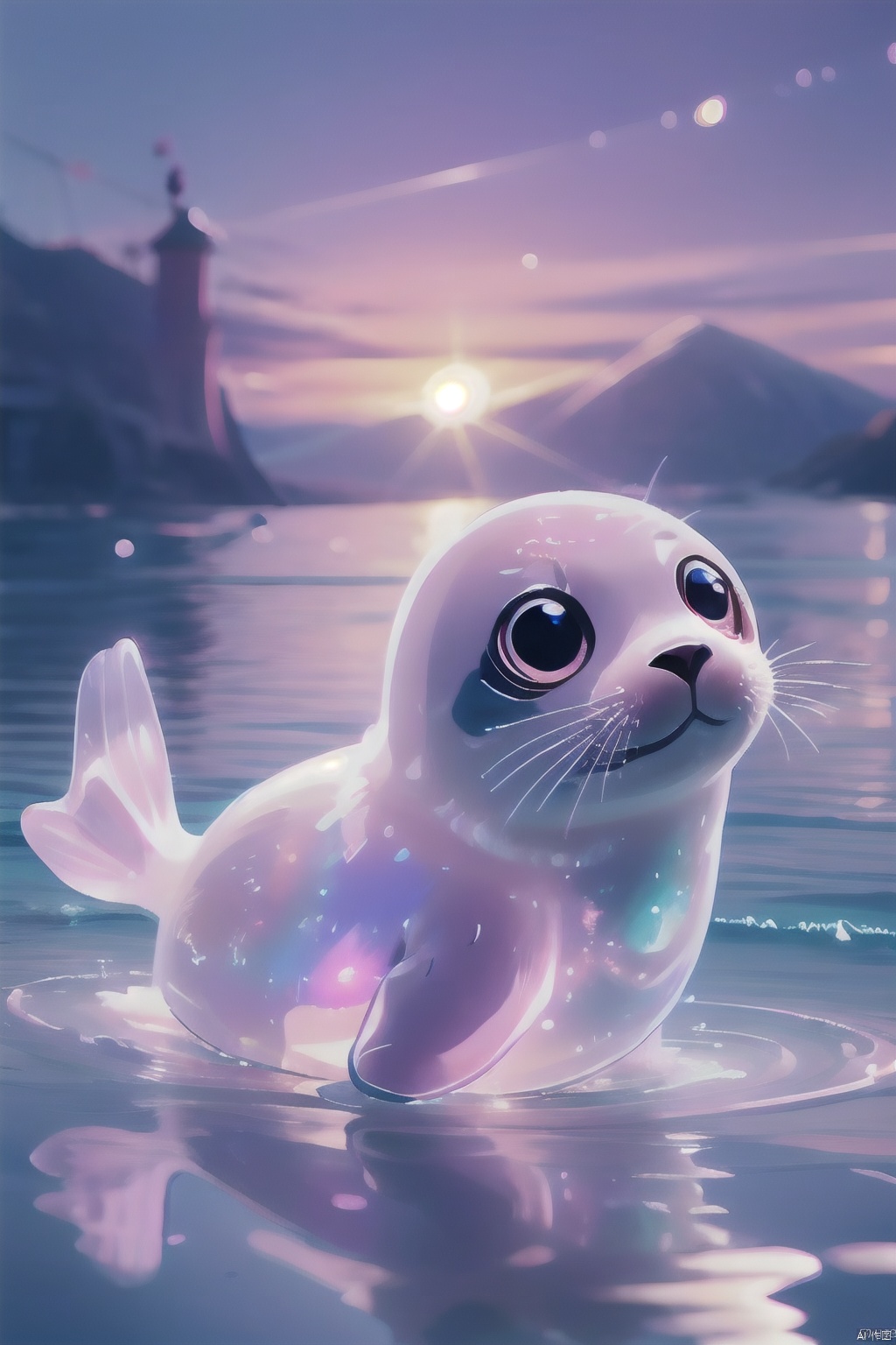  Cute pink seal, translucent pink PVC body, under the sunset, the scenery of Sanya, beautiful light and shadow