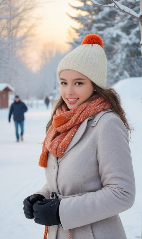  1girl, snowy winter wonderland, frosty trees and ground covered in snow, steam rising from her breath as she exhales, woolen coat and scarf to protect from the cold weather. Snow boots on her feet. Cute hat on her head. Joyful expression on her face as she builds a snowman. Photo of a cute 24 years old winter sports enthusiast girl. Cinematic shot with soft focus on her face. Warm colors in the background. Cute face looking at viewer. Dasha Taran