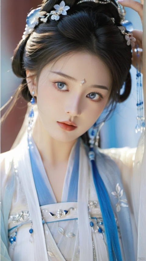 a female wearing a traditional Hanfu. Her eyes are captivating,with a deep gaze. Her makeup is subtle,emphasizing her eyes and lips. The Hanfu she's wearing is white with intricate blue and silver embellishments. The earrings are long,with blue beads and silver accents. The background is softly lit,with a hint of a sheer fabric,possibly a curtain,partially obscuring her face.,