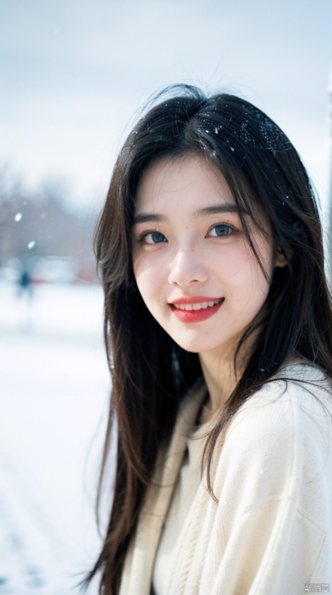  a woman,very beautiful,very pretty,20yo,skinny,detailed blue eyes,dark red lips,wind,Ice and Snow World,upper body shot,(laugh:1.4),