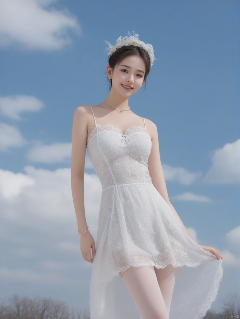  Realistic, masterpiece, highest quality, high resolution, extreme details, 1 girl, solo, bun, headdress, delicate eyes, beautiful face, shallow smile, delicate necklace, suspender dress, white lace dress, light gauze, snow-white skin, delicate skin texture, silver bracelet, pantyhose, high heels, elegant standing, outdoor, blue sky, white clouds, flowers, flowers, grass, movie light, light, light tracking, (Nikon AF-S 105mm f / 1.4E ED),