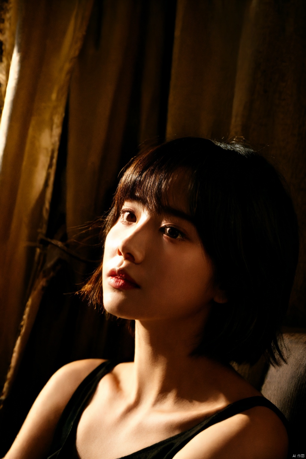  1 girl, looking at the audience alone, Flecks, shadows, short hair, Bangs, brown hair, black hair, bare shoulders, upper body, parted lips, lips, portraits, nose