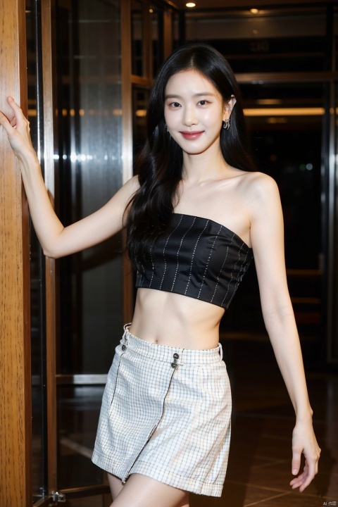  1girl, solo,black hair, realistic, breasts, jewelry, earrings, looking at viewer, bare shoulders, liuyifei,legs,All over,Smile,brown eyes,Small waist,Navel,Short skirts,Suspenders,Different postures,Mid-chest,Tube top