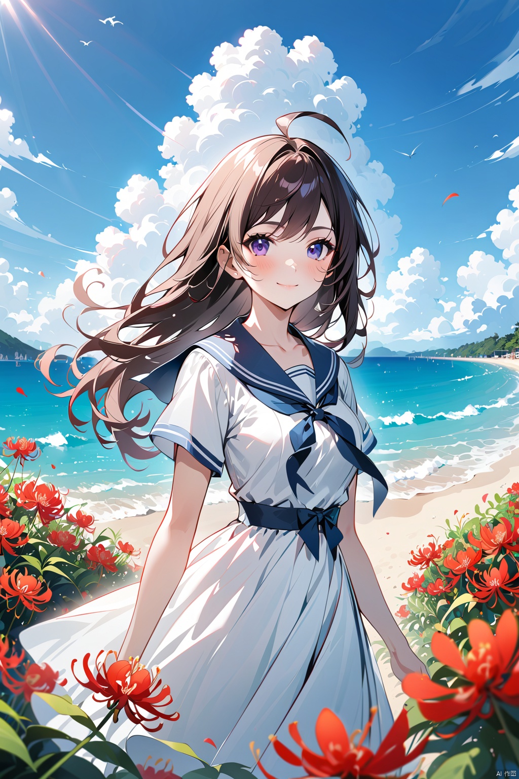  1girl, solo, dress, flower, long_hair, looking_at_viewer, white_dress, bangs, ahoge, short_sleeves, outdoors, closed_mouth, hair_between_eyes, sky, spider_lily, breasts, ribbon, pink_hair, purple_eyes, day, medium_breasts, sailor_dress, cloud, blue_sky, sailor_collar, blurry_foreground, red_flower, blurry, blush, hair_ribbon, bug, jiqing, babata, maolilan, (\MBTI\),maolilan,1girl,long hair,breasts,looking at viewer,smile,blue eyes,brown hair,dress,medium breasts,collarbone,outdoors,sky,cloud,dark skin,water,white dress,blue sky,sleeveless dress,ocean,beach,sand,sun,sundress
, 1 girl, (\shen ming shao nv\), Anne Hathaway, tr mini style