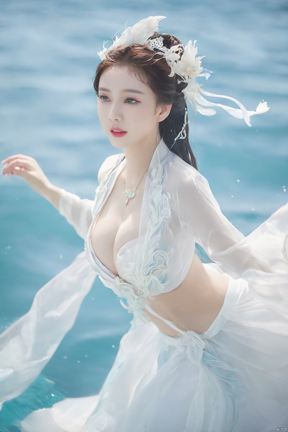  arien_hanfu, loong,east dragon,pure white theme,deep in the water,sea,under sea,30 yo lady,large_breasts,