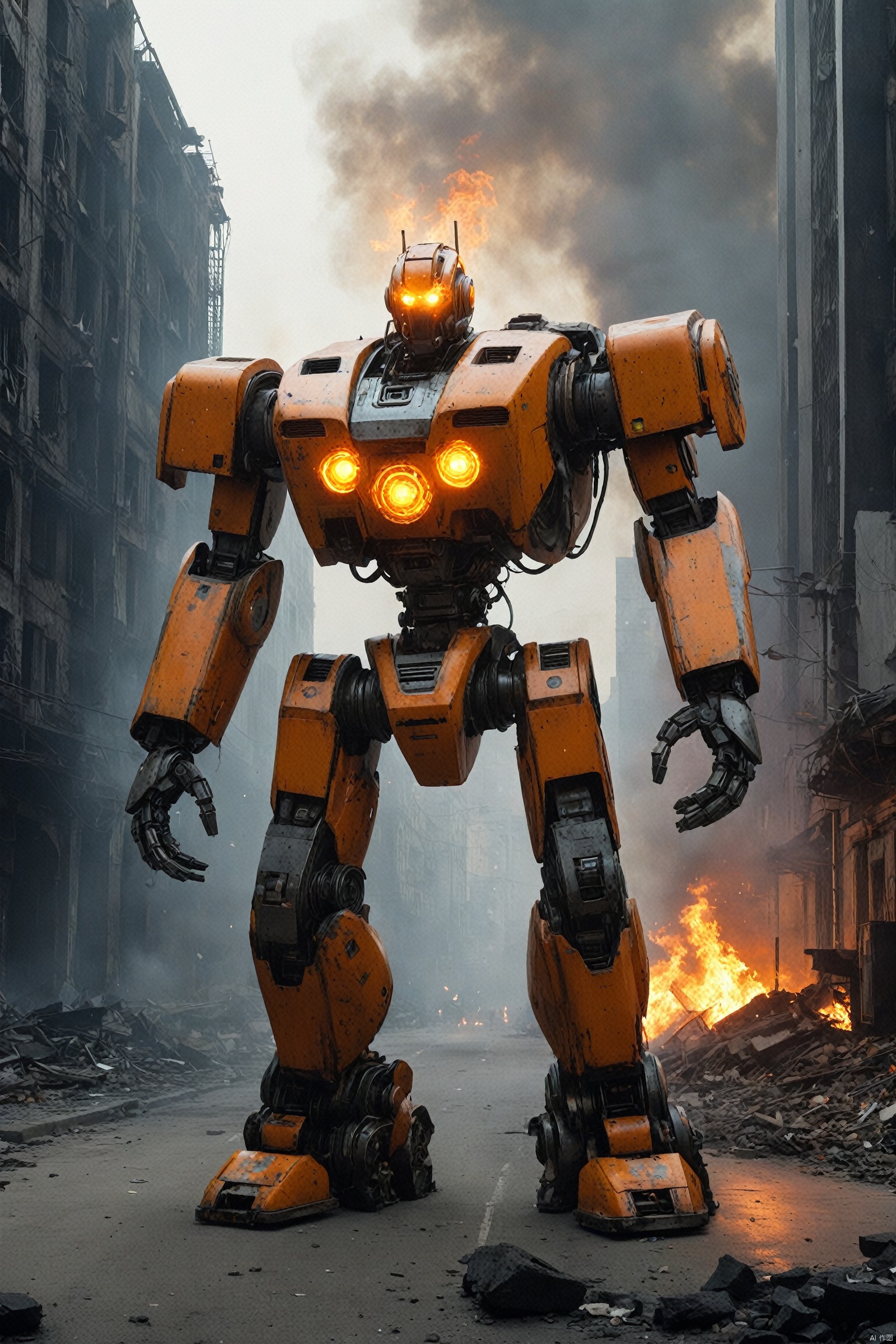 
Under the dark night sky, a giant robot stood tall. Its massive body, like a mountain, gives a sense of unshakable existence. The robot's body is made of an unknown material that looks hard and elastic, as if it were alive.
The robot's head is uniquely designed with a bright orange core at its center, which is its source of energy and where it thinks. Two orange eyes shone in the night, as if they could see everything. Its hair is thick orange lines, like tentacles extending from the core, giving it unique life and adding to its majesty.
The robot burns with orange flames, which are not for decoration, but to protect and repair the robot. Flames jumped and burned across the robot's body as if it were part of itself. This flame gives the robot life and power, making it more visible and powerful in the dark.
In the background is a scene of a ruined city. Tall buildings were burning, buildings collapsed, and smoke and dust filled the roads. The firelight lit up the sky, creating a cruel and spectacular scene with the flames on the robot. The whole city seems to be in a great disaster, and this robot is the only existence that can save the city.
Mech warrior,full body,magnificent,
render,technology, (best quality) (masterpiece), (highly detailed), game,4K,Official art, unit 8 k wallpaper, ultra detailed, beautiful and aesthetic, masterpiece, best quality, extremely detailed, dynamic angle, atmospheric,high detail,exquisite facial features,science fiction,CG,机甲, fire element