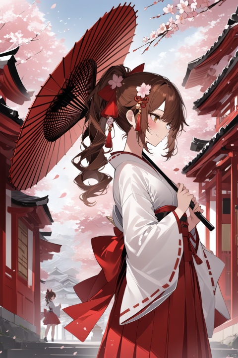  Best-A,[Artist onineko],[[Artist wlop]],illustration,masterpiece,best quality,high quality,best shadow,profile,from side,cowboy shot,day,outdoors,shrine,1girl,brown long hair,hair ribbon,bangs,sidelocks,ponytail with hair ornament,sash,tassel,brown eyes,standing,smile,looking away,closed mouth,hand up,japanese clothes,long sleeves,wide sleeves,miko,red hakama skirt,holding umbrella,oil-paper umbrella,paper lantern,falling petals,cherry blossoms,shimenawa,wind, tr mini style, 3DIP