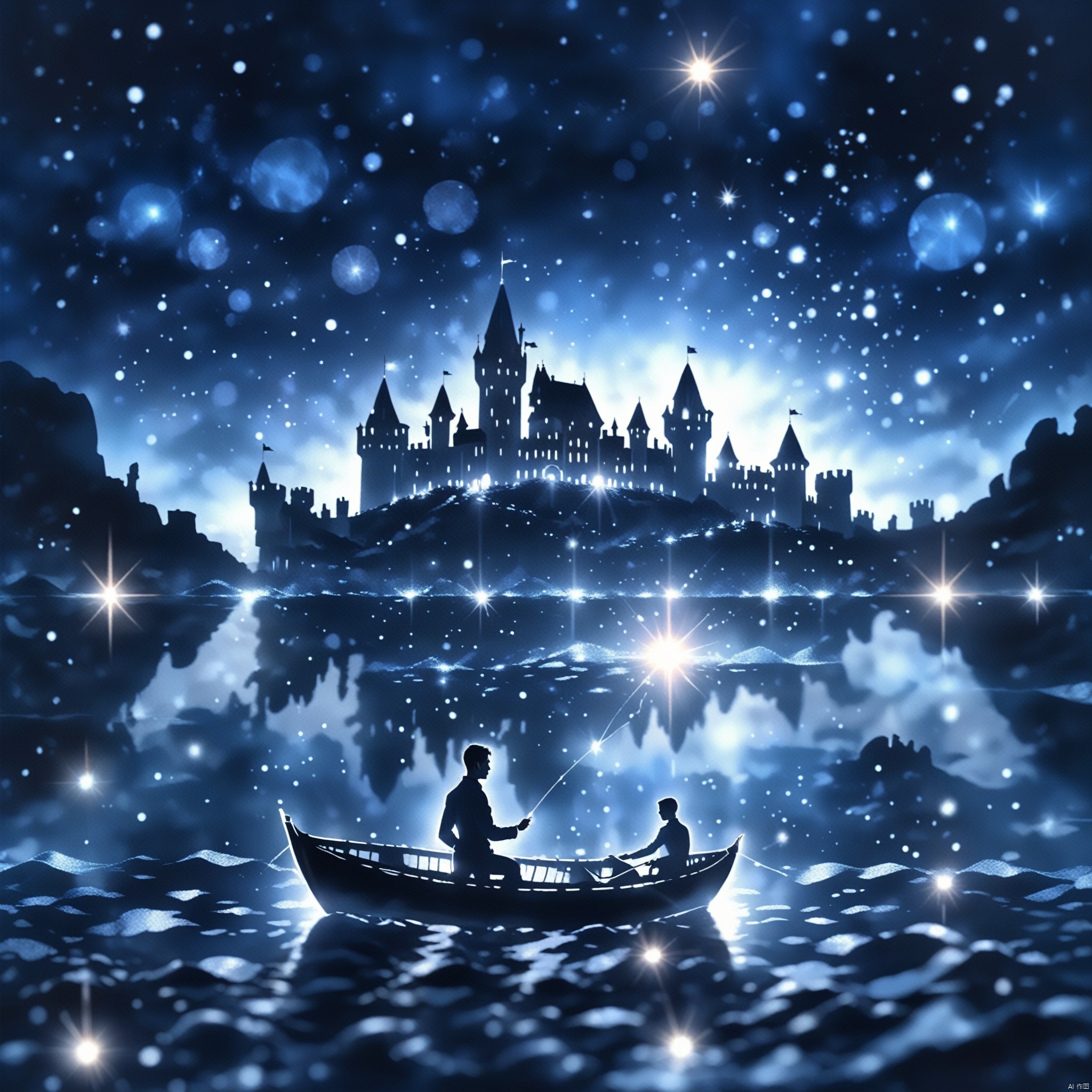 Dot Mat Hologram,isolated dark background,silhouette,backlit,Castle,
a man in a boat floating in the ocean,Night,Sparkling on the sea beautiful,fantasy scene