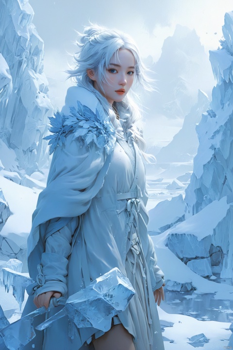  Illustrate a girl with the power of ice, featuring ice-white hair and clothing, set in a snowy landscape. Emphasize (((intricate details))), (((highest quality))), (((extreme detail quality))), and a (((captivating winter composition))). Use a palette of cool blues and whites, drawing inspiration from artists like Artgerm, Sakimichan, and Stanley Lau,midjourney,