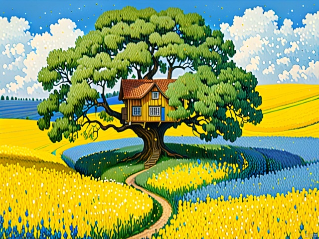  There is a house under a huge blue tree, there is a path in the middle of the rapeseed field, healing style, fairy tale world, minimalism, minimalism, Quentin Black, color particles, pencil painting, James, R., Eads, by, Anna, Dittmann, Beeple, spell text with character codes, use it as mosaic, pointillism, light points, etc. to add detail texture, axis shifting photography, splashing, master works, ultra-high detail, high definition 8K, miniature space background minimalism, layering, sense of space, cascading, minimalist style, very minimalist, oriental aesthetics, zen, master composition, Ye Ruikun, professional, ultra high definition, 64K, ultimate effect, ultra high definition, Extremely detailed, ultra-detailed, three-dimensional antique