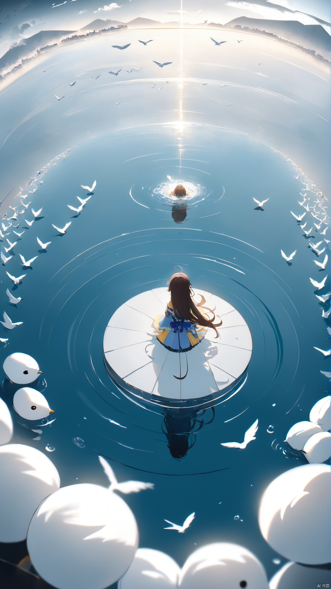  1girl, brown hair, long hair, closed eyes, (above ground), (water surface, reflection, surrounded by white birds), ((from above)), blurry, (full body, wide shot, panorama), (grey background), (shining, fog), xiqing, tr mini style, 3DIP, Sewing doll