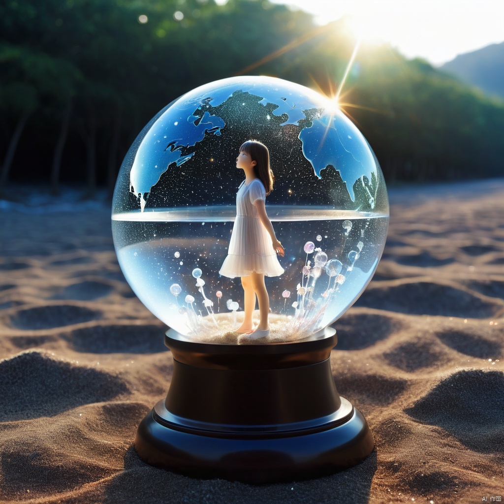  A girl,Stand on the ground,twinkle, crystal, Dreamy, Surreal, celestial globe, glowing light, super detail, award winning, best quality, high details,hell, keaiduo