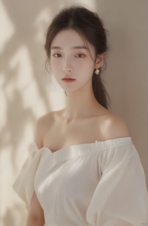  dior style,1woman is standing in the simple background,Off shoulder shirt,upper_body,looking_at_viewer,The sunlight shines in during the day,