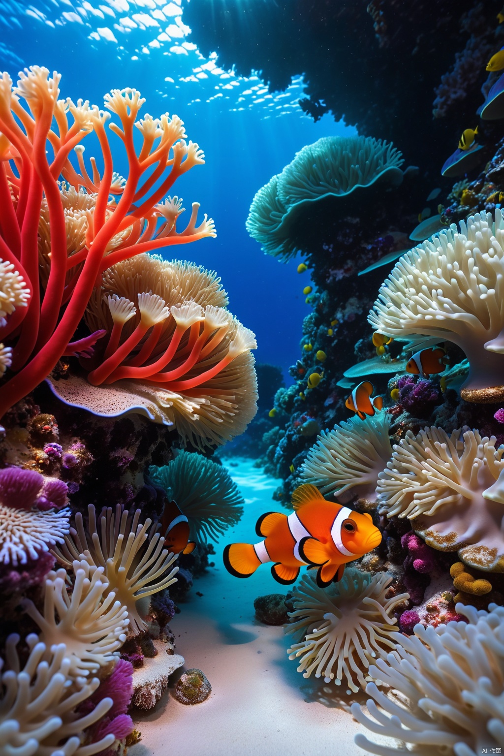  (Large underwater scene: 1.2), undersea mountains, (colorful coral reefs), nipple coral, sea anemone, white sand, depth of field, realism, 8k, high-precision details, undersea life, coral details, intricate details, (light and shadow: 1.2 ), Tyndall effect, (color), high brightness, charming and gorgeous underwater scenery, Australia&#39;s Great Barrier Reef, (undersea close-up: 1.2), undersea mountains, (colorful coral reefs), nipple coral, sea anemone, white sand, depth of field, realistic , 8k, High-precision details, Undersea life, Coral details, Intricate details, (Light and shadow: 1.2), Tyndall effect, (Color), High brightness, Stunning underwater scenery, Australia&#39;s Great Barrier Reef, Warm and cold contrast, Water surface Reflection, sea fish, sea shrimp, image impact, shocking underwater world, award-winning photography, masterpiece, light and shadow art, phosphorescent coral texture, gradient coral tentacles, red and blue gradient environment color, clown fish school,sss material,shadow