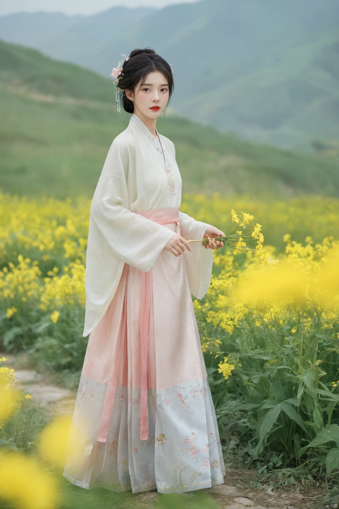  Enhanced, masterpiece, 16K, girl, Solo, Flower Field, rape flower, (\meng ze\), yue , hair ornament , hanfu,(big breasts:1.79), (full breasts:1.59),ming_hanfu, qingyi