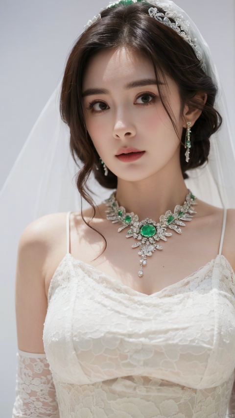  (beautiful, best quality, high quality, masterpiece:1.3)
,solo, solo focus,
huge breasts,Oval face, Water snake waist, big tits,big eye,
(green lace wedding dress:1.39), veil, wedding gloves, holding flowers,Crystal Earring, Crystal Necklace,
(no background),18yo girl, 1girl