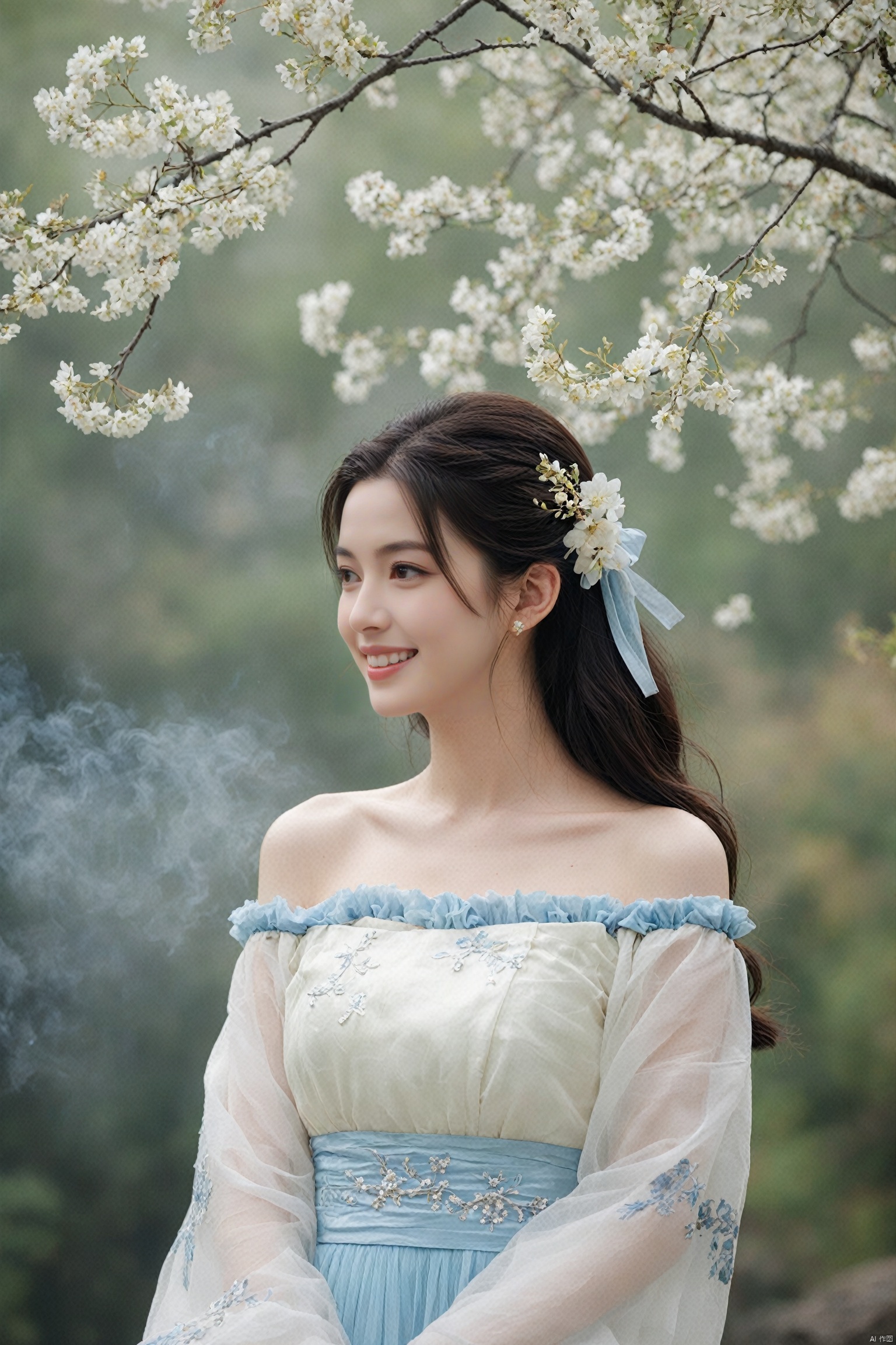  best quality, masterpiece,cowboy_shot,(Good structure),,a girl,xianjing,Off-the-shoulder, bust photo,upper body,Hanfu, Cloud, Smoke,branch,flower, smile,Gaze at the audience, Ink scattering_Chinese style, ((poakl)), ,looking_at_viewer,kind smile, , chinese dress,white dress, liuyifei,long_hair, Anne Hathaway