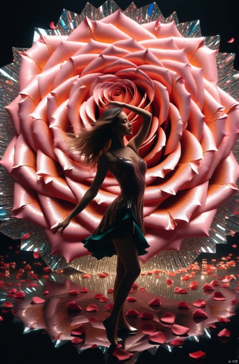  8k, masterpiece, high detailed, best quality, fantasy, multiplayer, (Bird's-eye shot:1.7), Choreographed dance,Fractal artistry,(Kaleidoscopic prism effect:1.2), Giant central blooming rose, bright, full and overflow blossoming. 
mirrors, fragmented glass(shape of rose petals) on ground, Ethereal dreamlike reflected, to creat(dim, Low key background but high contrast color clothing, silhouettes of girls dancing around the rose), Abstract shapes and movements:1.1), Vivid, {contrasting colors, a dynamic choreography,Elegantly fluid motion:1.2)}, Surreal visual blending, Enchanting, mystical theme, , 1girl