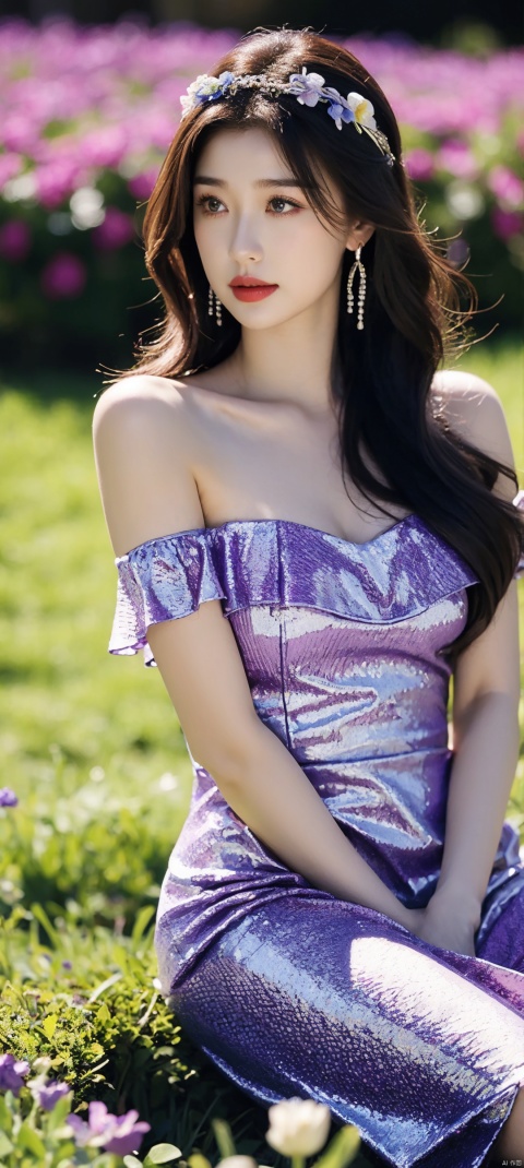  1 girl, solo, upper body, long hair, looking at the audience, purple hair, hair accessories, thighs, dress, sitting on the ground, purple hair, flower field, earrings, sky, purple dress, 