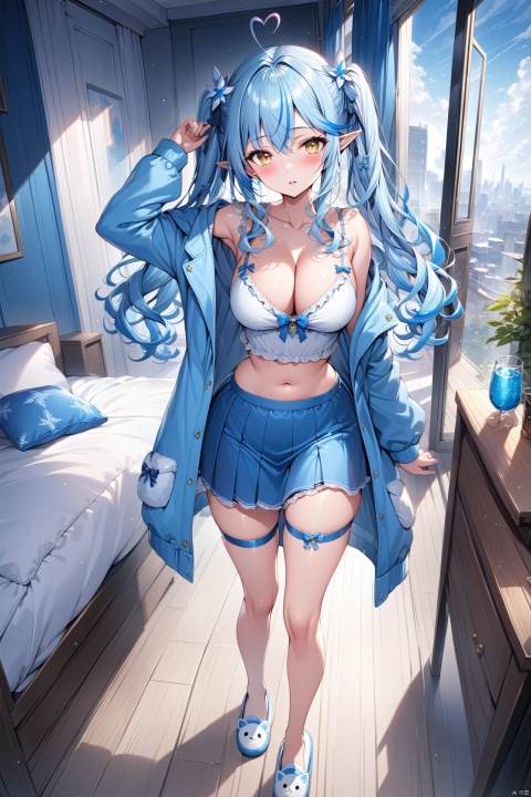  (masterpiece),(best quality),illustration,ultra detailed,hdr,Depth of field,(colorful),best quality, Artist rin yuu, 1girl, solo, slippers, long hair, breasts, yukihana lamy, camisole, large breasts, heart, ahoge, skirt, blue hair, virtual youtuber, looking at viewer, yellow eyes, thigh strap, full body, navel, blush, frills, pointy ears, blue skirt, cleavage, twintails, cup, hair ornament, arm up, heart ahoge, open clothes, standing, midriff, pillow, long sleeves, drinking glass, pajamas, blue theme, jacket, ribbon, streaked hair, hair ribbon, window, multicolored hair, parted lips, tr mini style, 3DIP