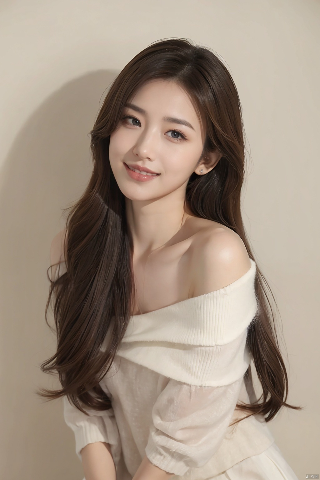  1 girl, single, long hair, looking at the audience, smiling, simple background, brown hair, short skirt, off shoulder skirt, wall background, cool toned environment, brown eyes, closed mouth, upper body, half body, up close, close-up, lips, white clothes, plant patterns, realistic, realistic shooting, ultra-high definition, high-resolution, high-quality, linzhiling