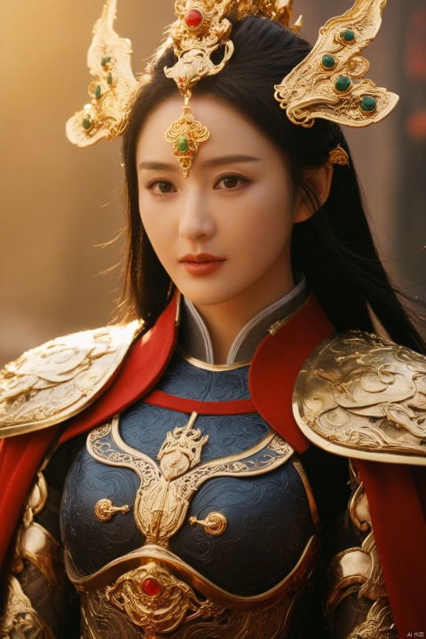  (masterpiece:1.1), (best quality:1.1),(ultra-detailed:1.1), realistic,best fingers,magnificent, epic,fantasy art, cover art, dreamy,cinematic,rich deep colors,creative, perfect, beautiful composition, intricate, perfect eyes, detailed a chinese girl, Large breasts, Chinese_armor, Women's armor,upper_body,helmet,shoulder_armor,looking at viewer,cloak, black hair,sunlight,cape,sunset, yaya