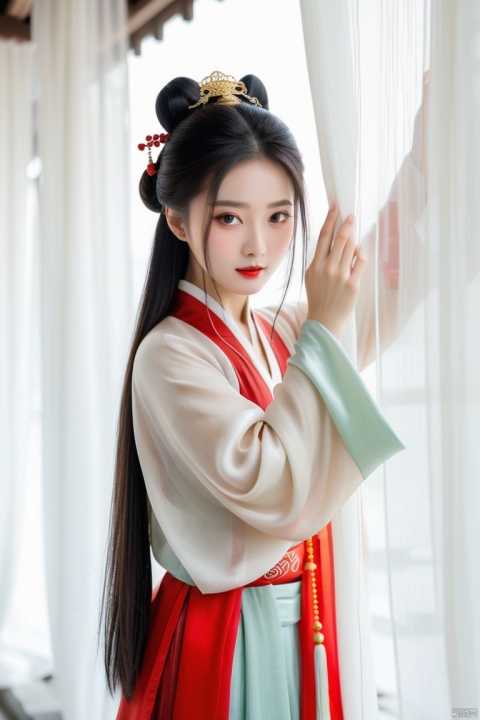 Chinese girl,Cover your face with simlebehind a silk curtain, frontview, half body short.exquisite clothing detail, (Long hair.),  Leave a lot of white space, zen,  graphic,Chinese ancient architecture, hanfu