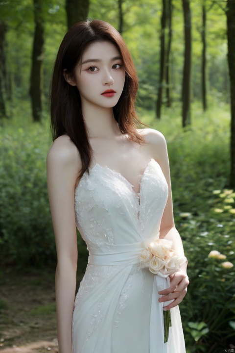  (realistic), (hyperrealism),best quality, masterpiece,ultra high res, (photorealistic:1.4),1girl,pale skin,skinny,(looking at viewer:2), ,forest, flowers, sunlight,
 , (tattered) wedding dress , bare shoulders, upper body,