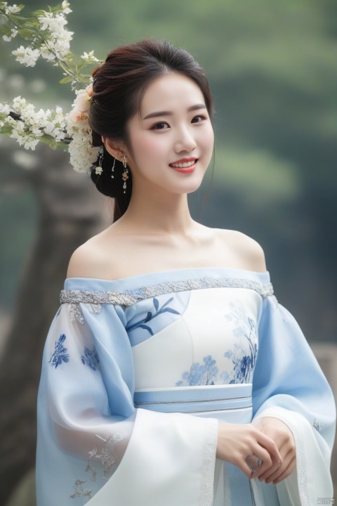  best quality, masterpiece,cowboy_shot,(Good structure),,a girl,xianjing,Off-the-shoulder, bust photo,upper body,Hanfu, Cloud, Smoke,branch,flower, smile,Gaze at the audience, Ink scattering_Chinese style, ((poakl)), ,looking_at_viewer,kind smile, , chinese dress,white dress, liuyifei,long_hair, 