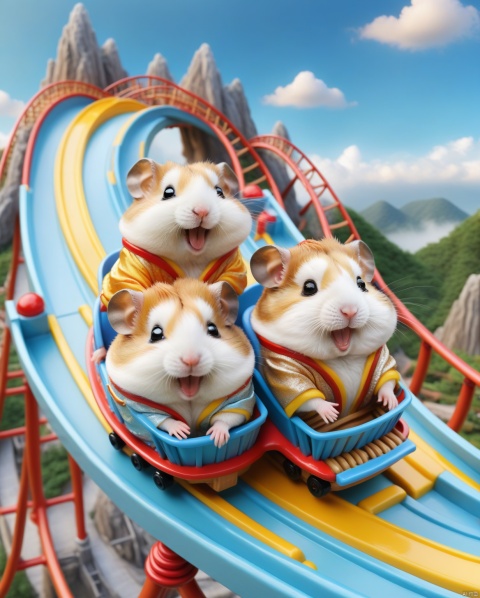  Huge
(best quality, realistic), Two hamster, Above the twisting mountain range, a roller coaster cuts through the sky like a dazzling silver track. Two hamster, dressed in vibrant Hanfu, joyfully sit on top of the coaster. Their eyes sparkle with excitement, their mouths curve into happy smiles