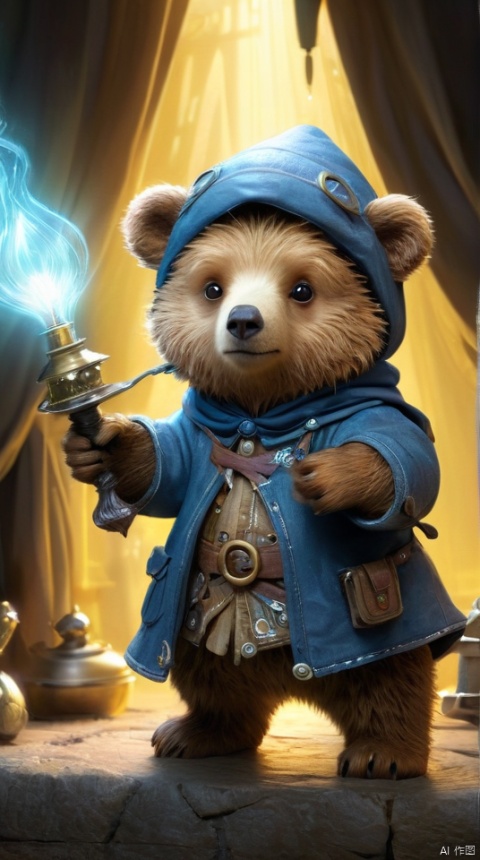  Hyper-detailed painting, Jean-Baptiste Monge style, The cute little brave bear is in the novice village, wearing adventurer clothes, splash, glittering, cute and adorable, filigree, lights, fluffy, magic, surreal, fantasy, digital art, ultra hd, hyper-realistic illustration, vivid colors, UHD, cinematic perfect light, greg rutkowski, 3DIP, tr mini style