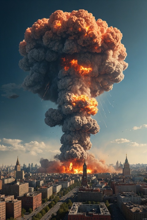  A Detailed Sinister,extremely high resolution of Nuclear attack on a Moscow city,Chesley Bonestell,The nuclear Apocalypse cinematic James Cameron,Mushroom cloud in the background from a ground based nuclear explosion,a fiery pressure wave destroying buildings,Perfect,high detail,fire and dark color scheme with deep saturation,artstation,Photograph Taken on Nikon D750,Intricate,Digital Illustration,Scenic,HyperRealistic,HyperDetailed,Unreal Engine,CryEngine,Octane render,8K,deep color,Cinematic Lighting,intricate,smooth,sharp focus,digital painting,blue and red as complementary colours,Apocalyptic war,light and shadow,three-dimensional lighting,combination of various colors and shades,Digital Illustration,Intricately Designed buildings city,Intricate,Intricate cinematic lighting,Digital Illustration,