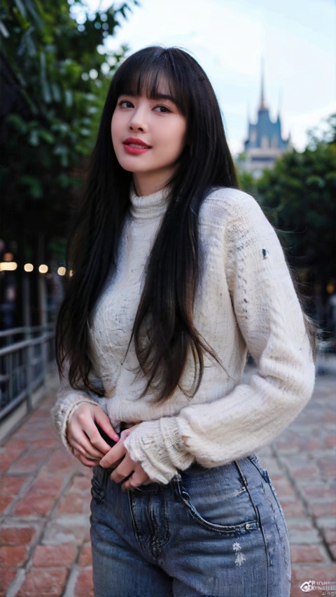  1girl, smiling,Realistic movie lighting,grey turtleneck sweater(((skindentation),(skin tight)),ultradetailed,8K,detailed face,photorealistic,1girl,long hair,solo,fullbody,complex background, look at the viewer, detailedbackground,sweating details,realistic, fullbody,long legs,real,Lacrimal nevus,realism, Delicate glowing skin,masterpiece,bestquality,distant view,depth of field,dynamic perspective,Perfectly proportioned figure,Detailed skin description, black jeans,street,daytime,good weather,Disneyland Park in the background,