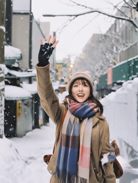  1girl,Exaggerated perspective , ultra wide shot,reaching out hand,foreshortening, on the tokyo street, realistic, highres, female focus, solo,snowy day, scarf, hat, flying snow,