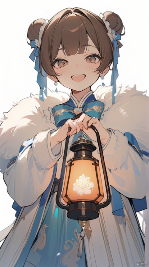  (best quality), ((masterpiece)), (highres), illustration, original, extremely detailed,licg, 1girl, solo, open mouth, brown hair, holding, fur trim, smile, brown eyes, simple background, looking at viewer, bangs, long sleeves, white background, lantern, double bun, holding lantern, ribbon