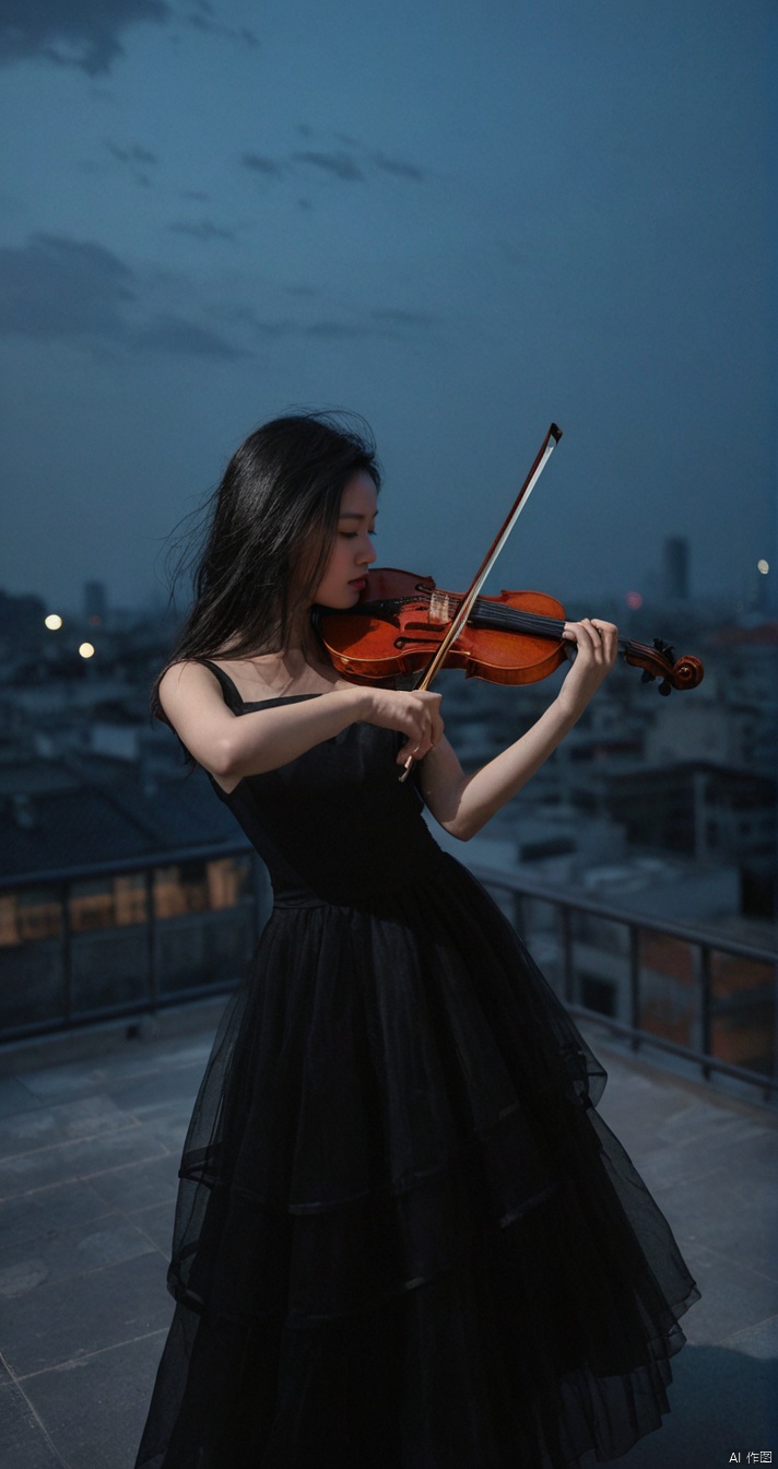  leogirl,a young girl playing the violin on the roof of a building,dark environment,in the dark,deep shadow,a very atmospheric scene,Chinese girl,slender figure,the evening breeze ruffled her hair,long black hair,blurry_foreground,depth of field,Raw photo,light through out from shadowmotion blur.Shaky Camera,flashy,dynamic posedreamy,wind,black theme,film grain,grainy,eyes closed,double exposure,tile shift,(upward perspective:1.3),(full body:1.3),flat roof,venerable roof,a cinematic atmosphere,triangular composition,(look up view:1.3),long black tulle dress,best quality,8k,hazy and beautiful,night,shoot from the bottom up,wide-angle lens,