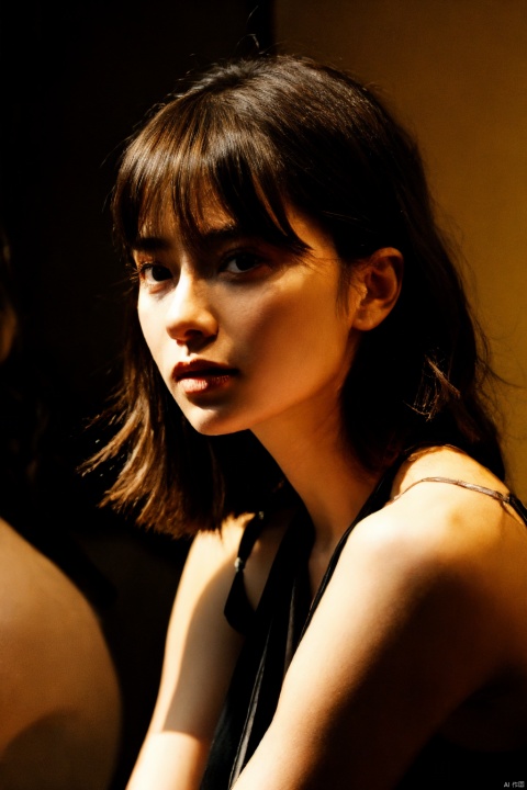  1 girl, looking at the audience alone, Flecks, shadows, short hair, Bangs, brown hair, black hair, bare shoulders, upper body, parted lips, lips, portraits, nose