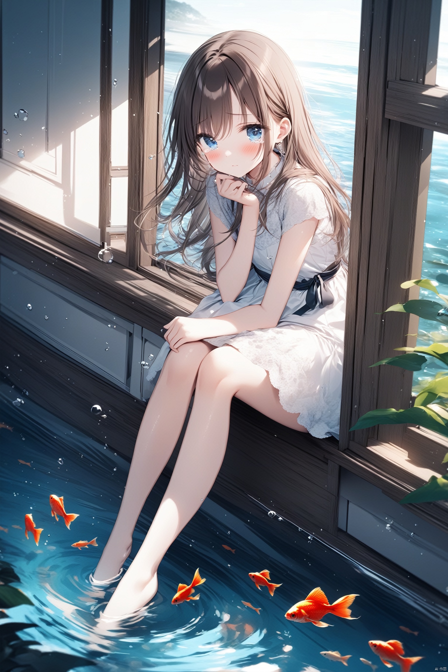  (masterpiece),(best quality),illustration,ultra detailed,hdr,Depth of field,(colorful),[Artist misumi (macaroni)],[iumu],[Artist chen bin], 1girl, solo, fish, blue eyes, barefoot, looking at viewer, long hair, sitting, blush, goldfish, knees up, dress, brown hair, white dress, water, tears, short sleeves, bag, window, full body, closed mouth, shirt, sleeveless, skirt