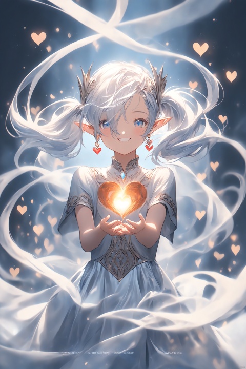  1girl, solo, heart_hands, twintails silverhair, silver skirt, elf, pointy ears, earring, pantyhose, intricate detail borders, Minimalistic ice background, face partially obscured in the style of flowing fabric, enigmatic and mysterious atmosphere, laughing